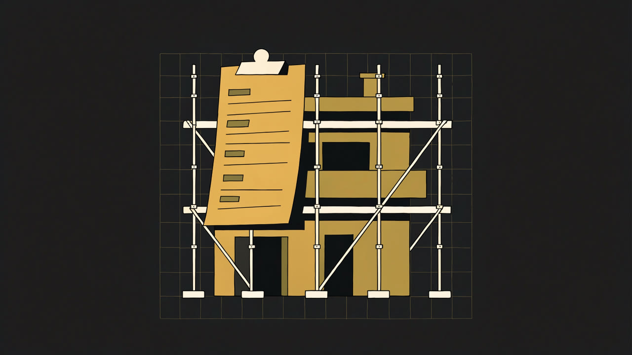 A mid-build house with scaffolding and an independent checklist card, drawn as a simple brass-and-charcoal illustration.