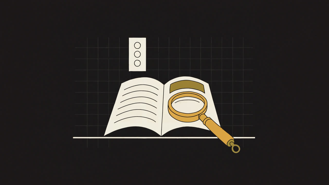 A builder's quote document on a site desk beside a magnifying glass, drawn as a simple brass-and-charcoal illustration.